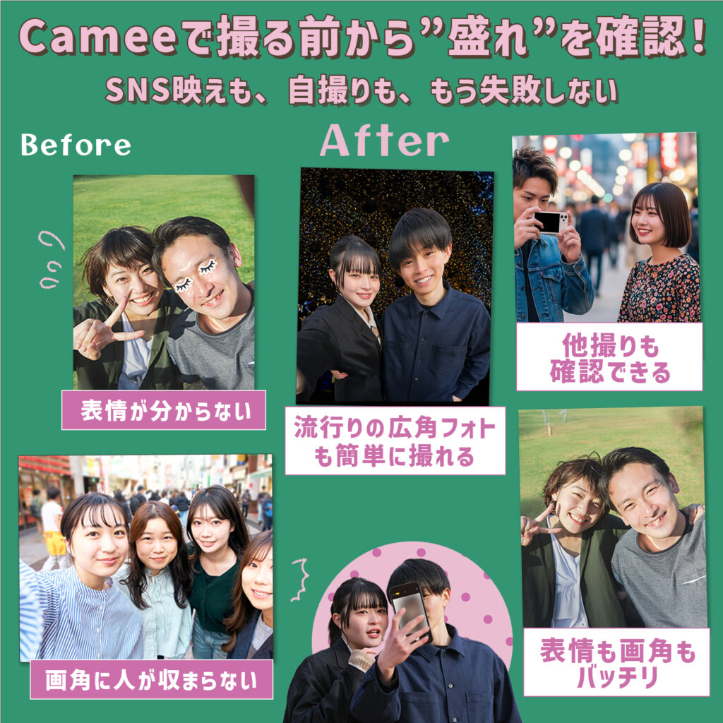 自撮りモニター”Camee”(キャミー)】スマホの外カメラを”自撮りモニター 